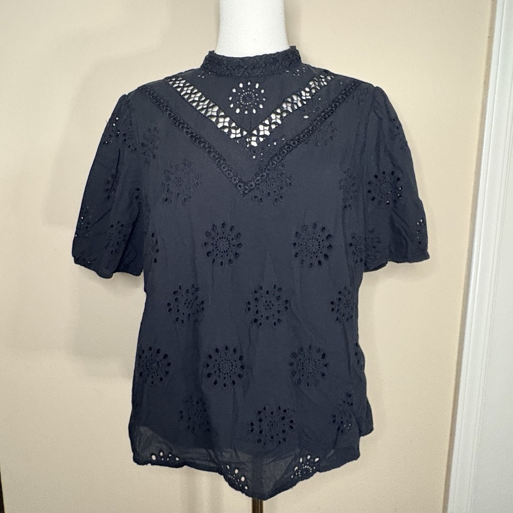 Ultra Pink Black Eyelet Crochet Floral Lace Mock-Neck Top Large Lined Whimsical